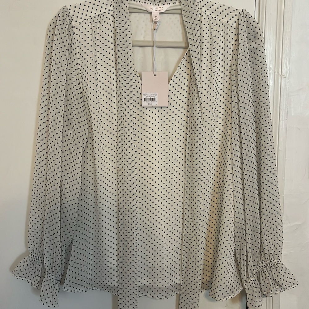 NWT LC LAUREN CONRAD White Black Polka Dot Long Sleeve Blouse Size M $48